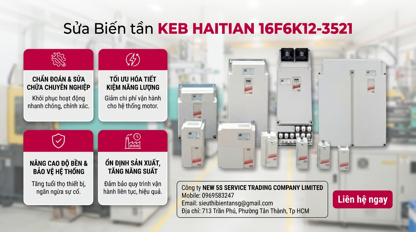 Kỹ thuật viên kiểm tra biến tần KEB HAITIAN 16F6K12-3521 trong tủ điện, đo nguồn, kiểm tra quạt, quan sát bo công suất