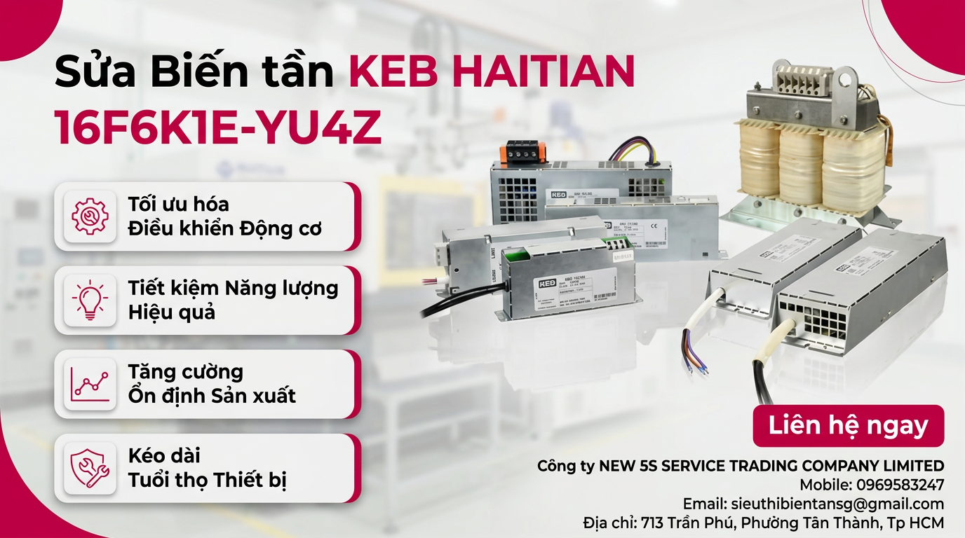 Kỹ thuật viên kiểm tra biến tần KEB HAITIAN 16F6K1E-YU4Z bằng đồng hồ đo trong tủ điện nhà máy