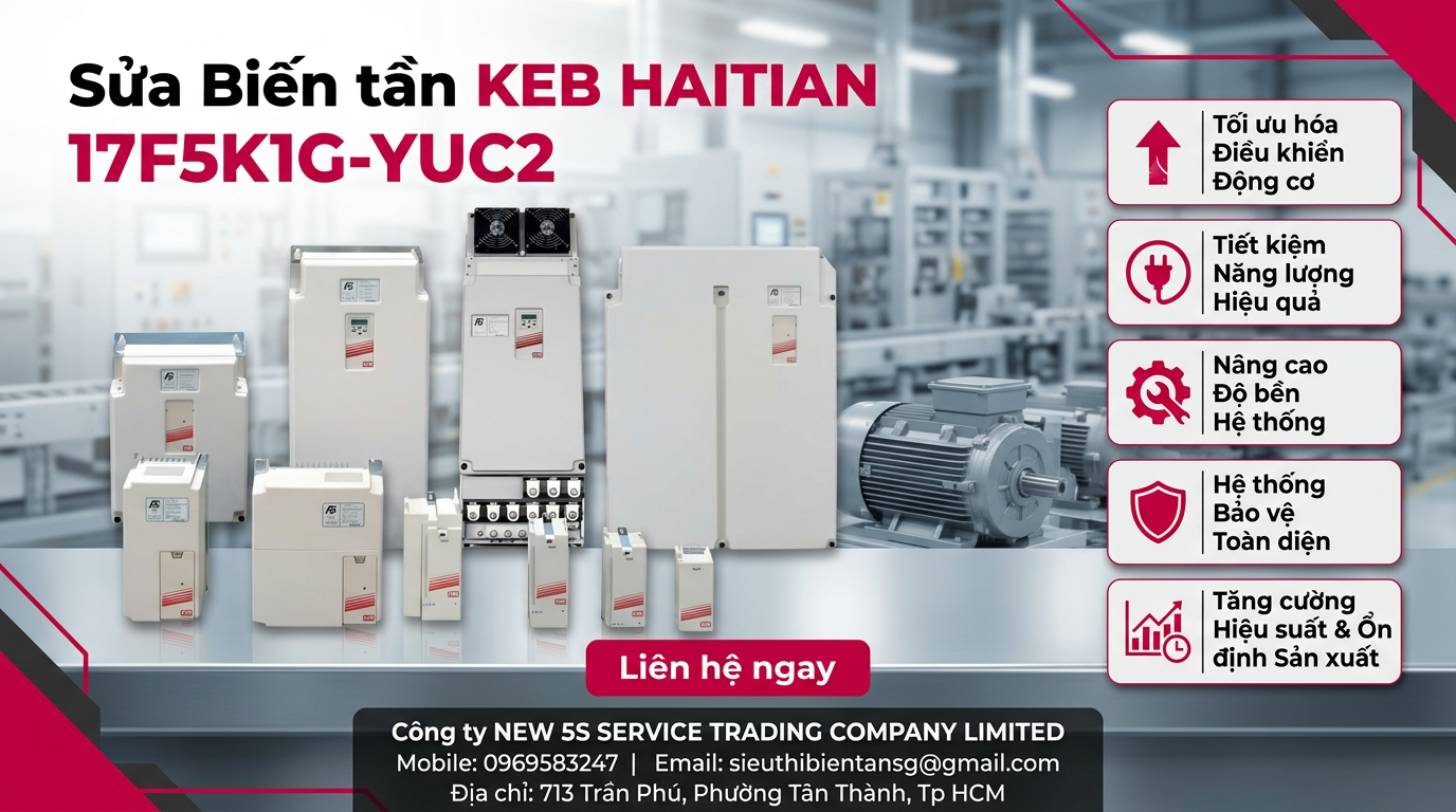 Kỹ thuật viên kiểm tra biến tần KEB HAITIAN 17F5K1G-YUC2 trên bàn đo với đồng hồ và tải giả an toàn