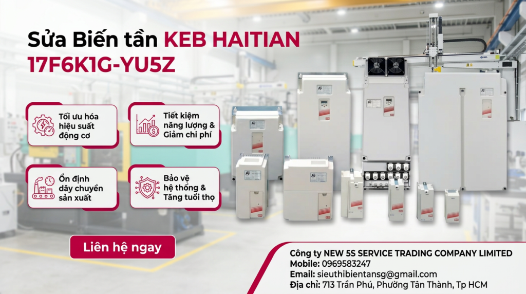 Kỹ thuật viên kiểm tra biến tần KEB HAITIAN 17F6K1G-YU5Z trên bàn đo có thiết bị đo và dây nguồn an toàn