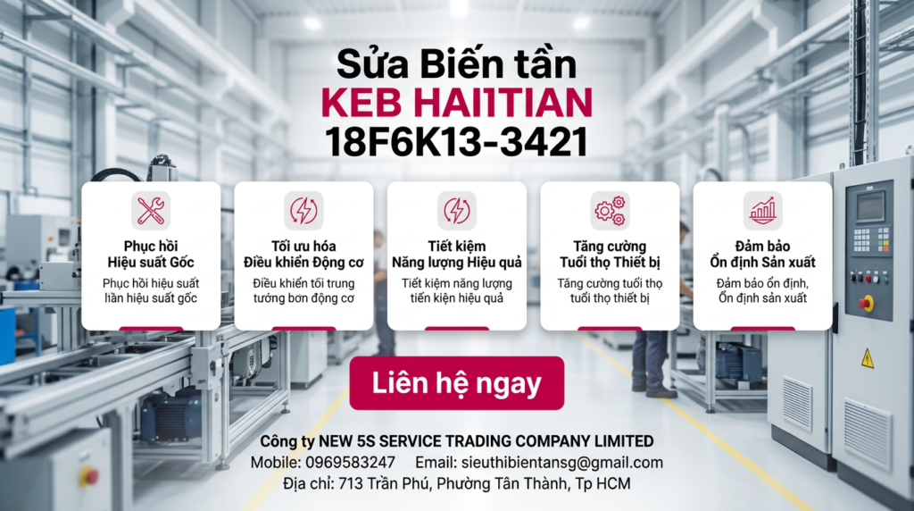 Kỹ thuật viên kiểm tra biến tần KEB HAITIAN 18F6K13-3421 trên bàn test với đồng hồ đo và dây tải giả lập
