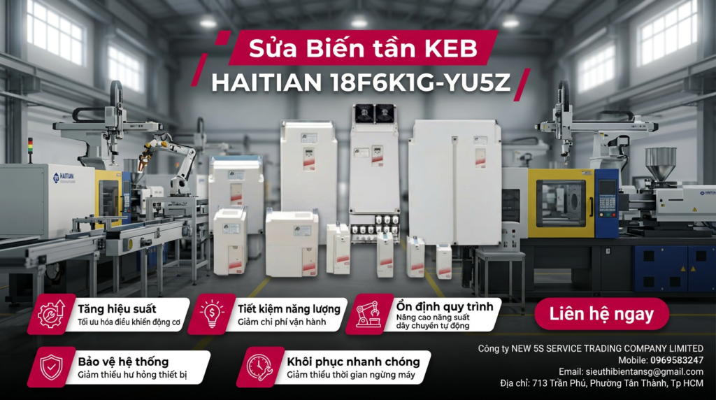 Kỹ thuật viên kiểm tra biến tần KEB HAITIAN 18F6K1G-YU5Z trên bàn test với đồng hồ đo và dây tải giả