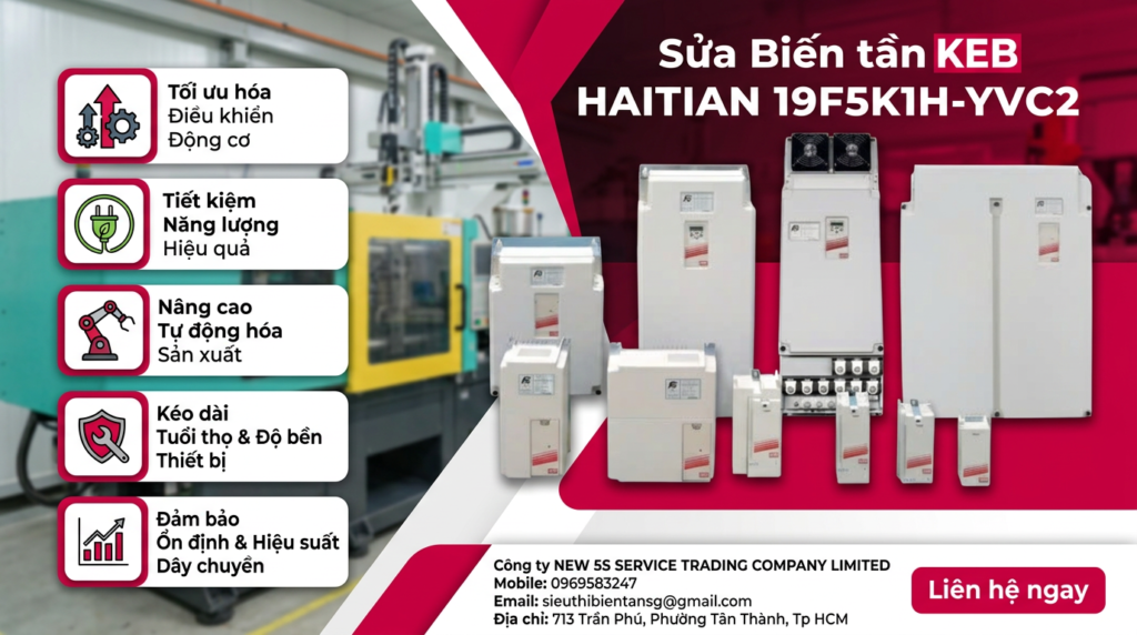 Kỹ thuật viên kiểm tra biến tần KEB HAITIAN 19F5K1H-YVC2 trên bàn test với đồng hồ đo và dây tải giả lập