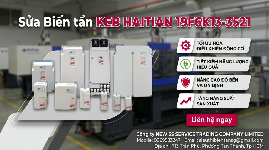 Kỹ thuật viên kiểm tra biến tần KEB HAITIAN 19F6K13-3521 trên bàn thử tải với thiết bị đo và dây đấu gọn gàng
