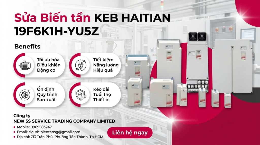 Kỹ thuật viên kiểm tra biến tần KEB HAITIAN 19F6K1H-YU5Z trong tủ điện công nghiệp với đồng hồ đo và dây cáp gọn gàng
