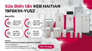 Kỹ thuật viên kiểm tra biến tần KEB HAITIAN 19F6K1H-YU5Z trong tủ điện công nghiệp với đồng hồ đo và dây cáp gọn gàng