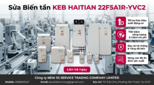 Kỹ thuật viên kiểm tra biến tần KEB HAITIAN 22F5A1R YVC2 trong tủ điện với đồng hồ đo và dây kết nối