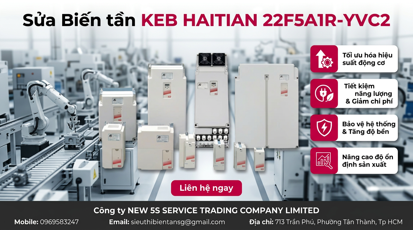 Kỹ thuật viên kiểm tra biến tần KEB HAITIAN 22F5A1R YVC2 trong tủ điện với đồng hồ đo và dây kết nối