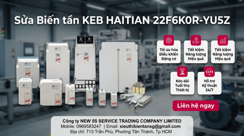 Kỹ thuật viên kiểm tra biến tần KEB HAITIAN 22F6K0R-YU5Z trên bàn test với đồng hồ đo và tải giả an toàn