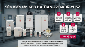 Kỹ thuật viên kiểm tra biến tần KEB HAITIAN 22F6K0R-YU5Z trên bàn test với đồng hồ đo và tải giả an toàn
