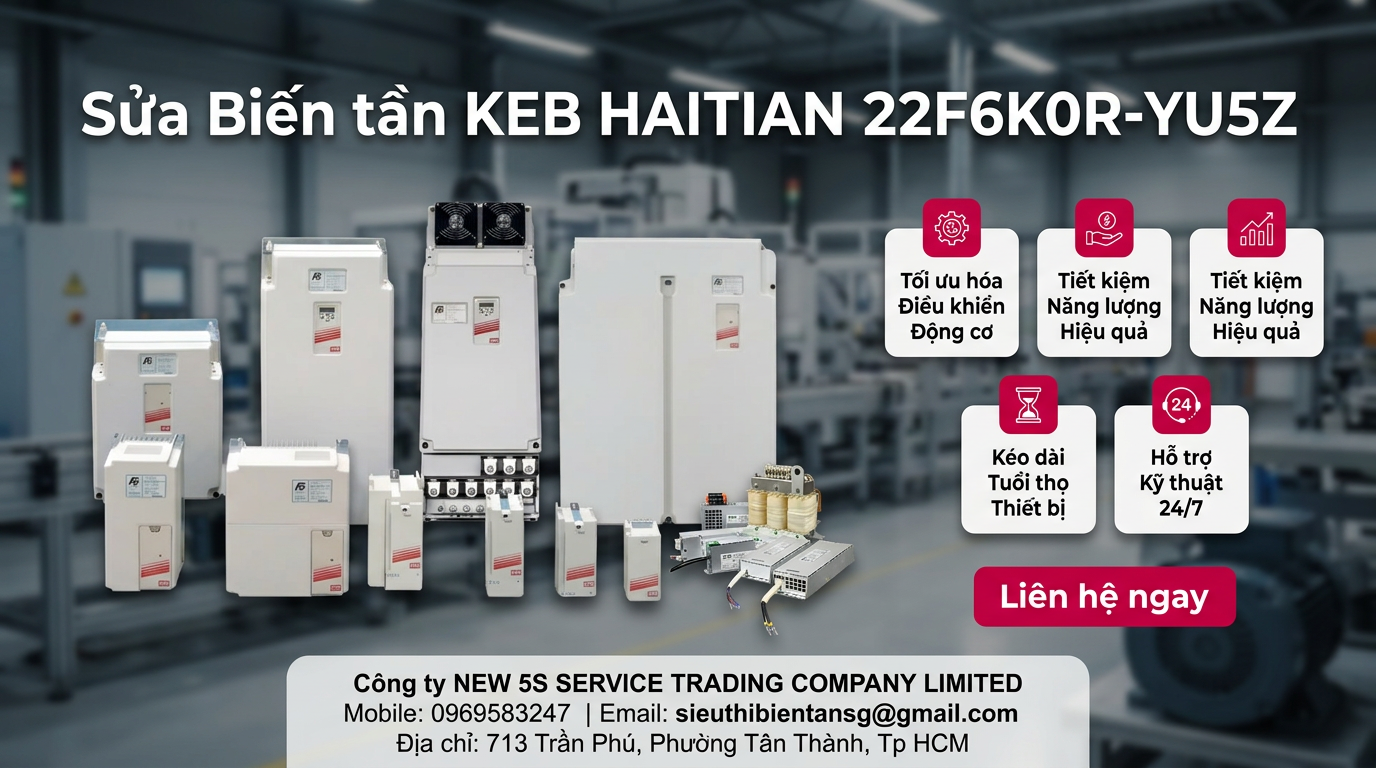 Kỹ thuật viên kiểm tra biến tần KEB HAITIAN 22F6K0R-YU5Z trên bàn test với đồng hồ đo và tải giả an toàn