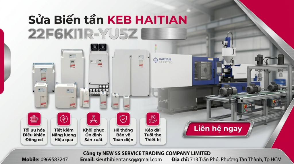 Kỹ thuật viên kiểm tra biến tần KEB HAITIAN 22F6K1R-YU5Z trên bàn thử với đồng hồ đo và dây tải an toàn