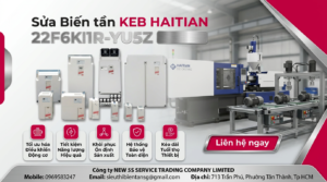 Kỹ thuật viên kiểm tra biến tần KEB HAITIAN 22F6K1R-YU5Z trên bàn thử với đồng hồ đo và dây tải an toàn