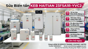 Kỹ thuật viên kiểm tra biến tần KEB HAITIAN 23F5A1R-YVC2 trên bàn test có đồng hồ và tải giả trong xưởng