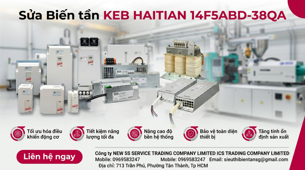 Kỹ thuật viên kiểm tra biến tần KEB HAITIAN mã 14F5ABD,38QA trong tủ điện với đồng hồ đo và quạt tản nhiệt