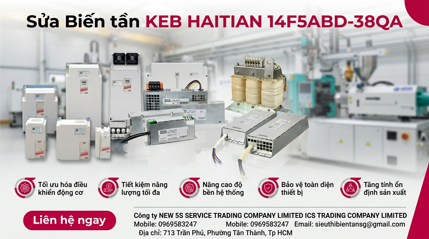 Kỹ thuật viên kiểm tra biến tần KEB HAITIAN mã 14F5ABD,38QA trong tủ điện với đồng hồ đo và quạt tản nhiệt