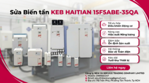 Kỹ thuật viên kiểm tra biến tần KEB Haitian mã 15F5ABE.35QA trên bàn test với đồng hồ đo và tải giả an toàn
