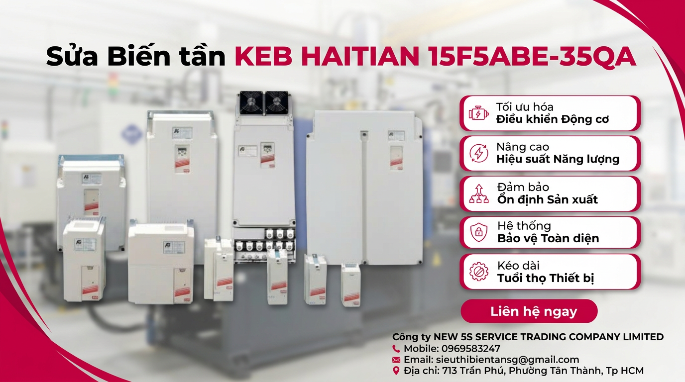Kỹ thuật viên kiểm tra biến tần KEB Haitian mã 15F5ABE.35QA trên bàn test với đồng hồ đo và tải giả an toàn