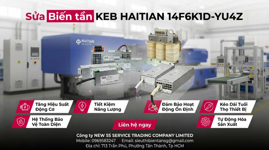 Kỹ thuật viên kiểm tra bo công suất biến tần KEB HAITIAN 14F6K1D-YU4Z trên bàn đo và dụng cụ đo điện
