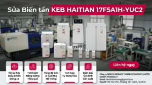 Kỹ thuật viên kiểm tra bo công suất biến tần KEB HAITIAN 17F5A1H-YUC2 trong phòng kỹ thuật với dụng cụ đo chuyên dụng