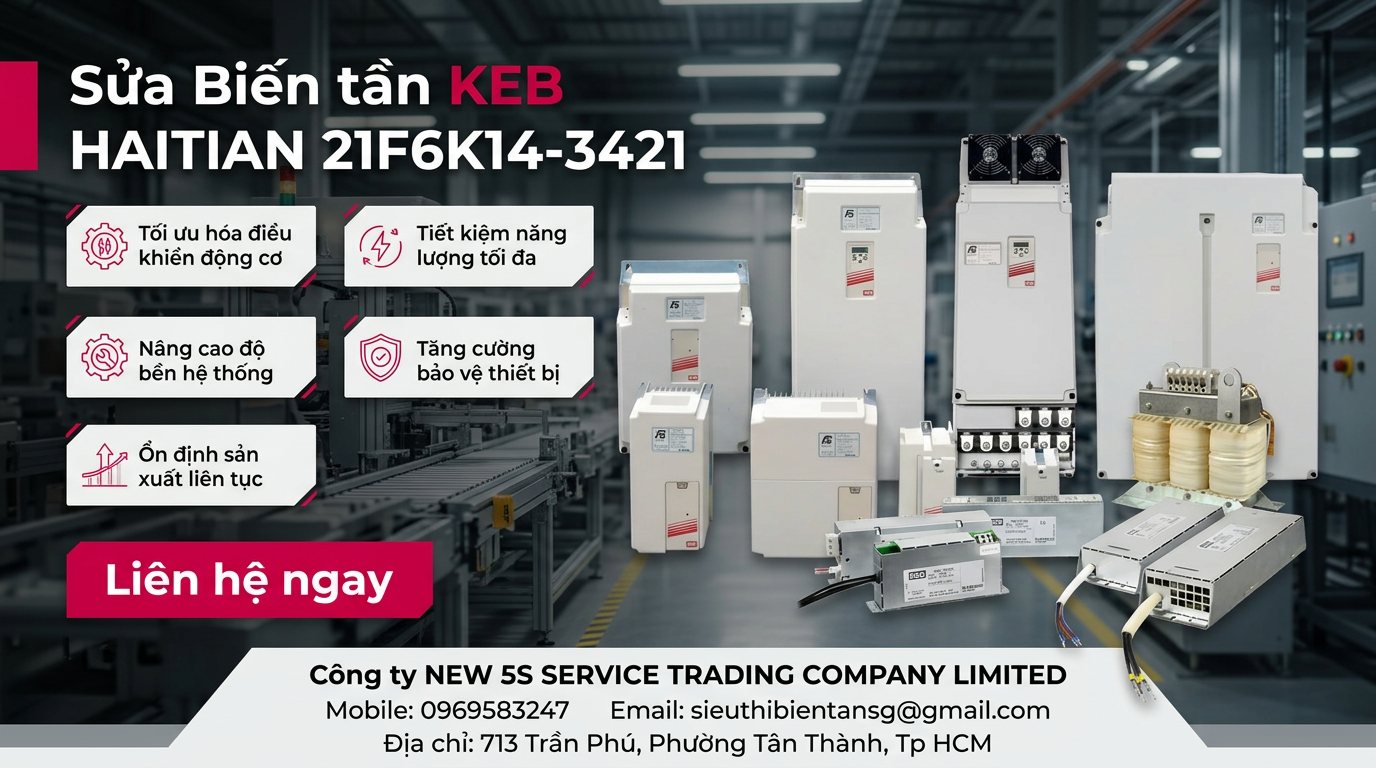 Kỹ thuật viên kiểm tra bo công suất biến tần KEB HAITIAN 21F6K14-3421 trên bàn dụng cụ trong xưởng sửa chữa