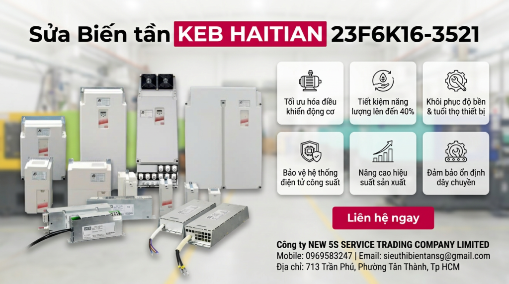 Kỹ thuật viên kiểm tra bo công suất biến tần KEB HAITIAN 23F6K16-3521 trong tủ điện với đồng hồ đo