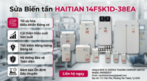 Kỹ thuật viên kiểm tra bo công suất sửa biến tần HAITIAN 14F5K1D-38EA trên bàn đo có đồng hồ và dụng cụ chuyên dụng