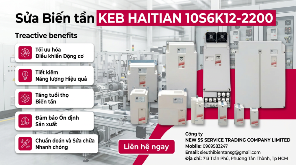 Kỹ thuật viên kiểm tra bo công suất sửa biến tần KEB HAITIAN 10S6K12-2200 trên bàn cách điện tại xưởng