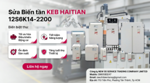 Kỹ thuật viên kiểm tra bo mạch biến tần KEB HAITIAN 12S6K14-2200 trong phòng kỹ thuật với đồng hồ đo và tải giả lập