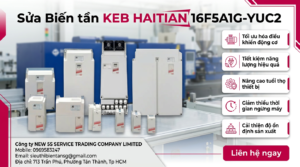 Kỹ thuật viên kiểm tra bo mạch biến tần KEB HAITIAN 16F5A1G-YUC2 trên bàn test có đồng hồ và nguồn giả lập