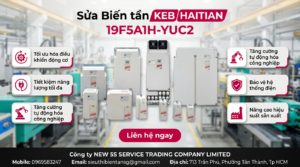 Kỹ thuật viên kiểm tra bo mạch biến tần KEB HAITIAN 19F5A1H-YUC2 trong phòng sửa chữa có dụng cụ đo và đèn soi