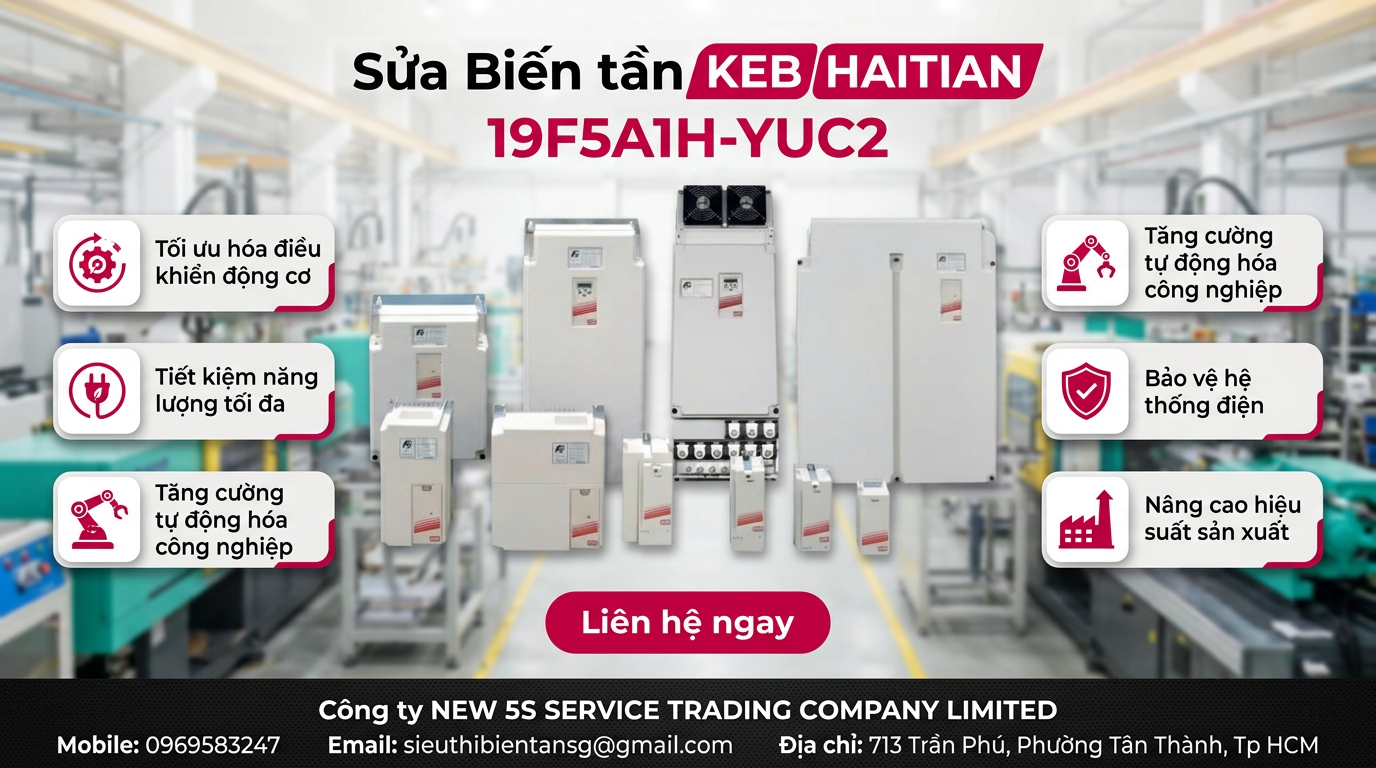 Kỹ thuật viên kiểm tra bo mạch biến tần KEB HAITIAN 19F5A1H-YUC2 trong phòng sửa chữa có dụng cụ đo và đèn soi