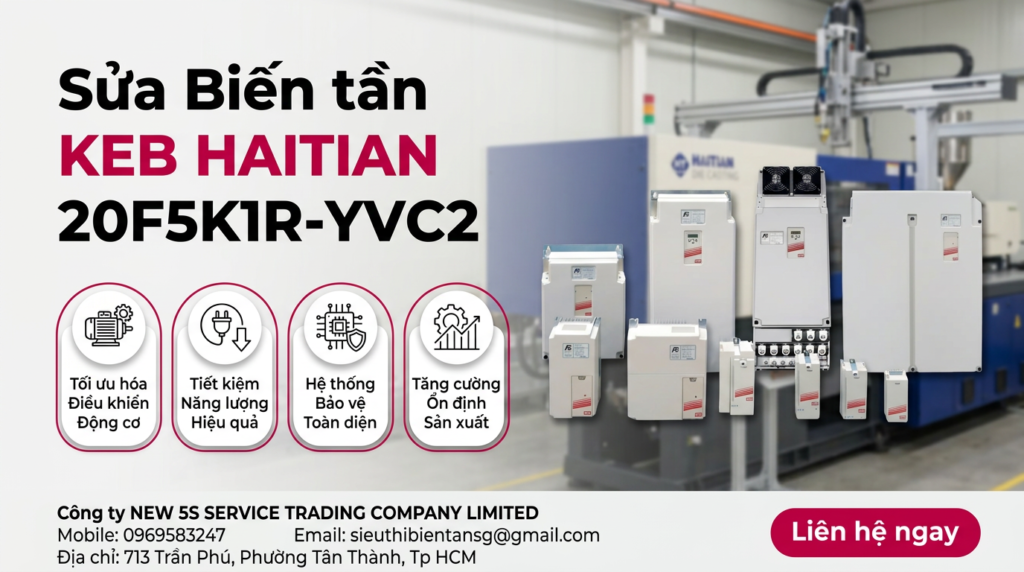 Kỹ thuật viên kiểm tra bo mạch biến tần KEB HAITIAN 20F5K1R-YVC2 trên bàn đo với đồng hồ và dụng cụ chuyên dụng