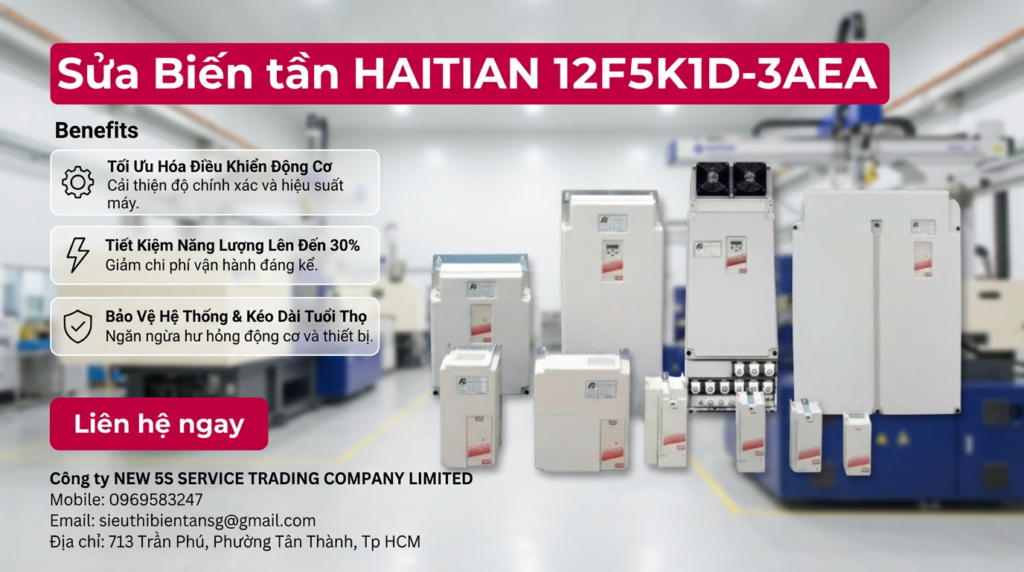 Kỹ thuật viên kiểm tra bo mạch khi sửa biến tần HAITIAN 12F5K1D-3AEA trên bàn chống tĩnh điện tại xưởng