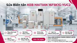 Kỹ thuật viên kiểm tra bo mạch sửa biến tần KEB HAITIAN 16F5K1G-YUC2 trong xưởng với đồng hồ đo và tải giả lập
