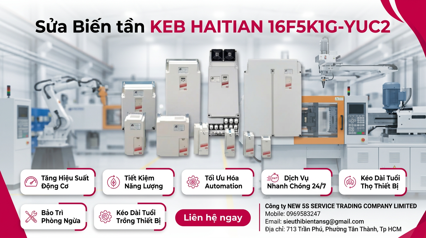 Kỹ thuật viên kiểm tra bo mạch sửa biến tần KEB HAITIAN 16F5K1G-YUC2 trong xưởng với đồng hồ đo và tải giả lập