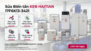 Kỹ thuật viên kiểm tra bo mạch sửa biến tần KEB HAITIAN 17F6K13-3421 bằng đồng hồ đo và dụng cụ chuyên dụng trong xưởng