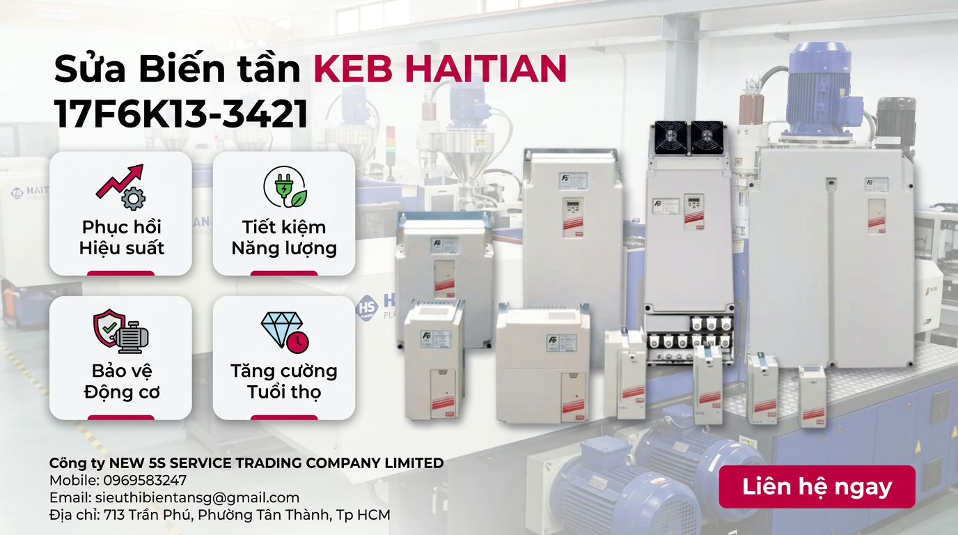 Kỹ thuật viên kiểm tra bo mạch sửa biến tần KEB HAITIAN 17F6K13-3421 bằng đồng hồ đo và dụng cụ chuyên dụng trong xưởng