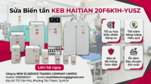 Kỹ thuật viên kiểm tra bo mạch sửa biến tần KEB HAITIAN 20F6K1H-YU5Z bằng đồng hồ đo và thiết bị test nguồn