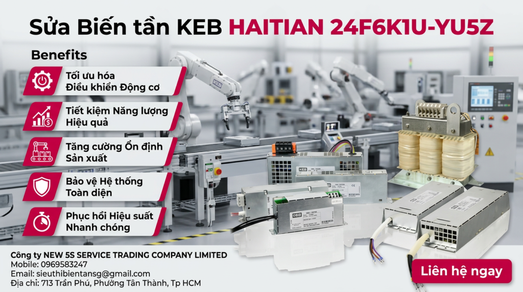 Kỹ thuật viên kiểm tra bo mạch sửa biến tần KEB HAITIAN 24F6K1U-YU5Z trên bàn test trong xưởng