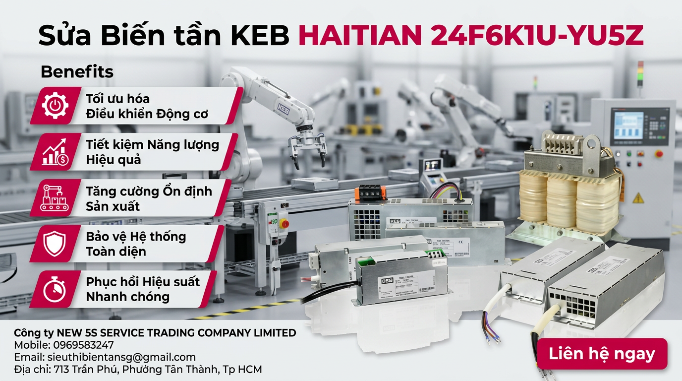 Kỹ thuật viên kiểm tra bo mạch sửa biến tần KEB HAITIAN 24F6K1U-YU5Z trên bàn test trong xưởng