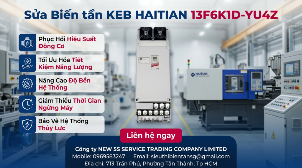 Kỹ thuật viên kiểm tra bo mạch và khối công suất biến tần KEB HAITIAN 13F6K1D-YU4Z tại bàn sửa chữa có dụng cụ đo
