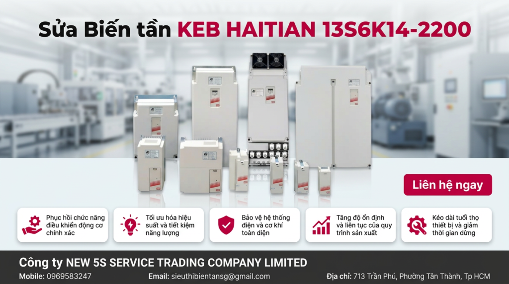 Kỹ thuật viên kiểm tra quạt và tản nhiệt biến tần KEB HAITIAN 13S6K14-2200 trong tủ điện nhiều bụi nhựa