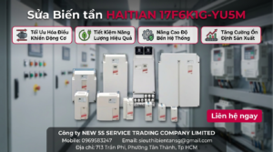 Kỹ thuật viên kiểm tra sửa biến tần HAITIAN 17F6K1G-YU5M trên bàn test có đồng hồ đo và tải giả lập
