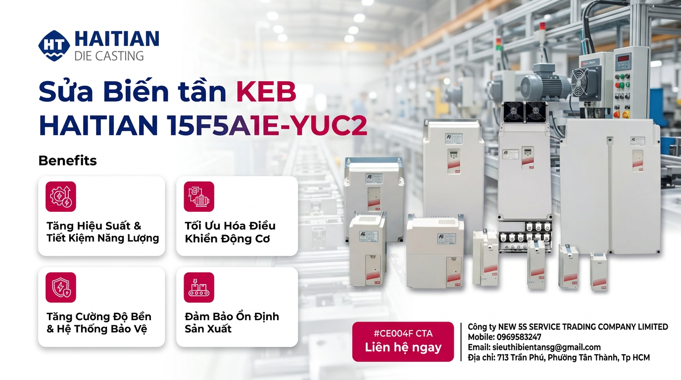 Kỹ thuật viên kiểm tra sửa biến tần KEB HAITIAN 15F5A1E-YUC2 trên bàn test với đồng hồ đo và tải giả