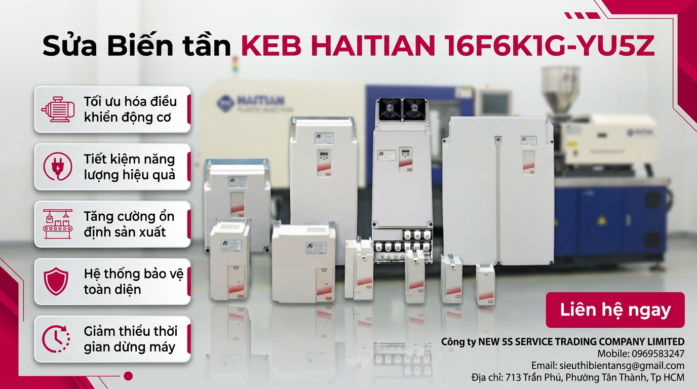 Kỹ thuật viên kiểm tra sửa biến tần KEB HAITIAN 16F6K1G-YU5Z trên bàn test với đồng hồ và tải giả trong xưởng