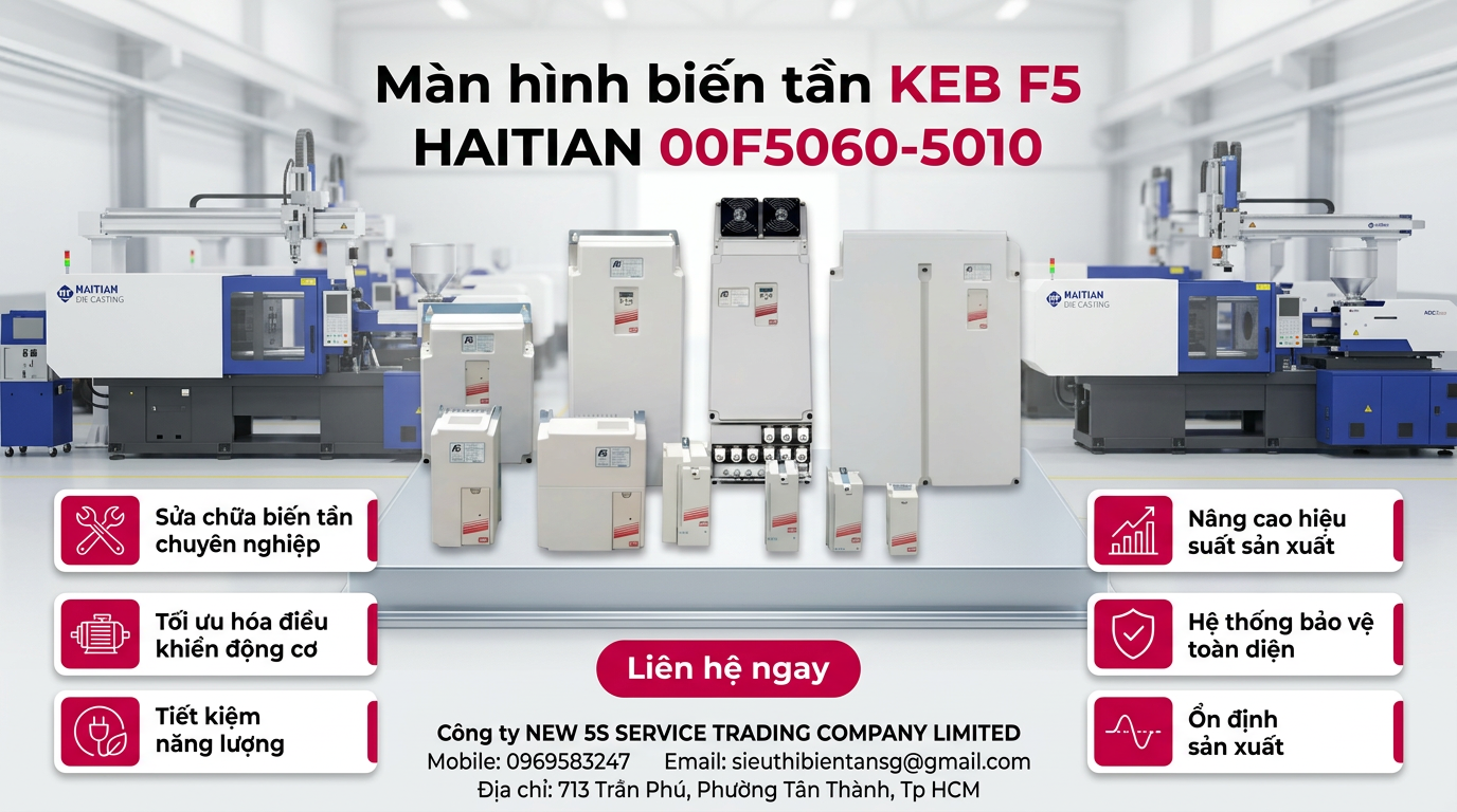 Màn hình biến tần KEB F5 HAITIAN 00F5060-5010 góc trước hiển thị giao diện và nút điều khiển, chi tiết bề mặt và ký hiệu phím