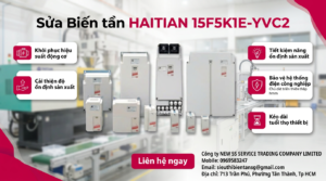 Tủ điện công nghiệp lắp biến tần HAITIAN 15F5K1E-YVC2 góc nhìn trực diện thấy quạt làm mát cáp nguồn cáp motor và khe gió